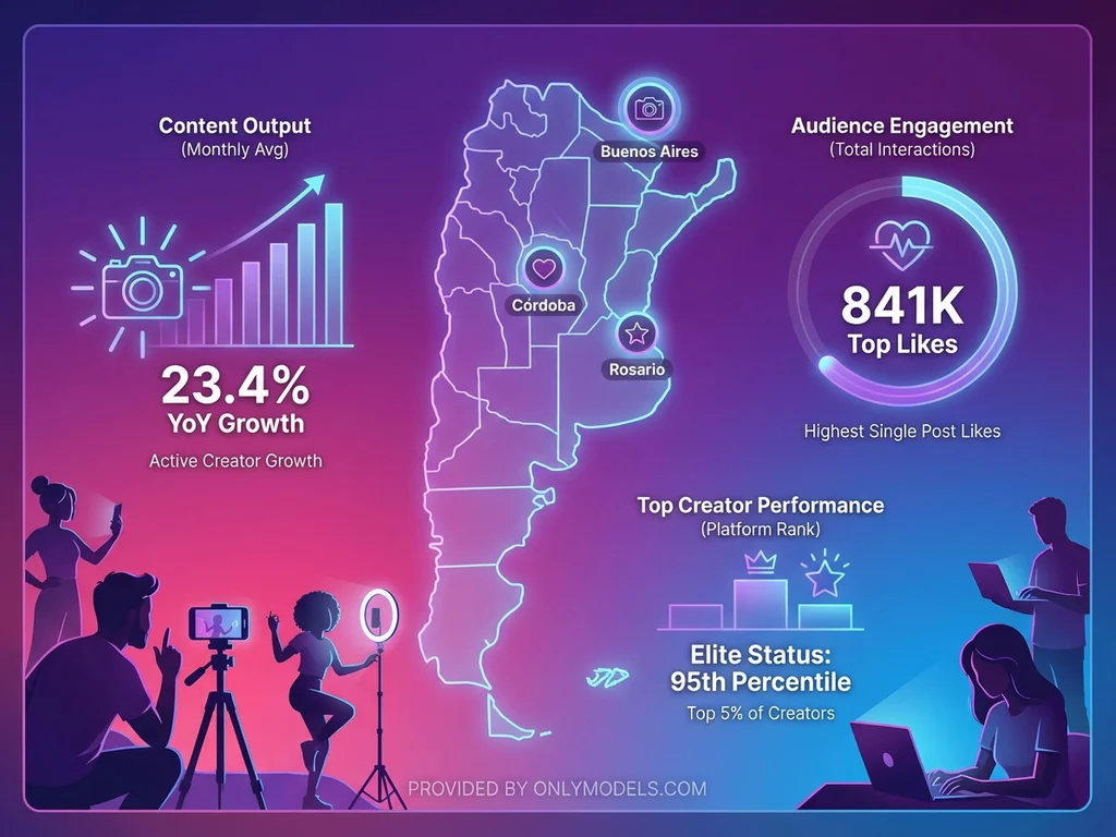 Infographic showing Argentina OnlyFans creator statistics and major cities