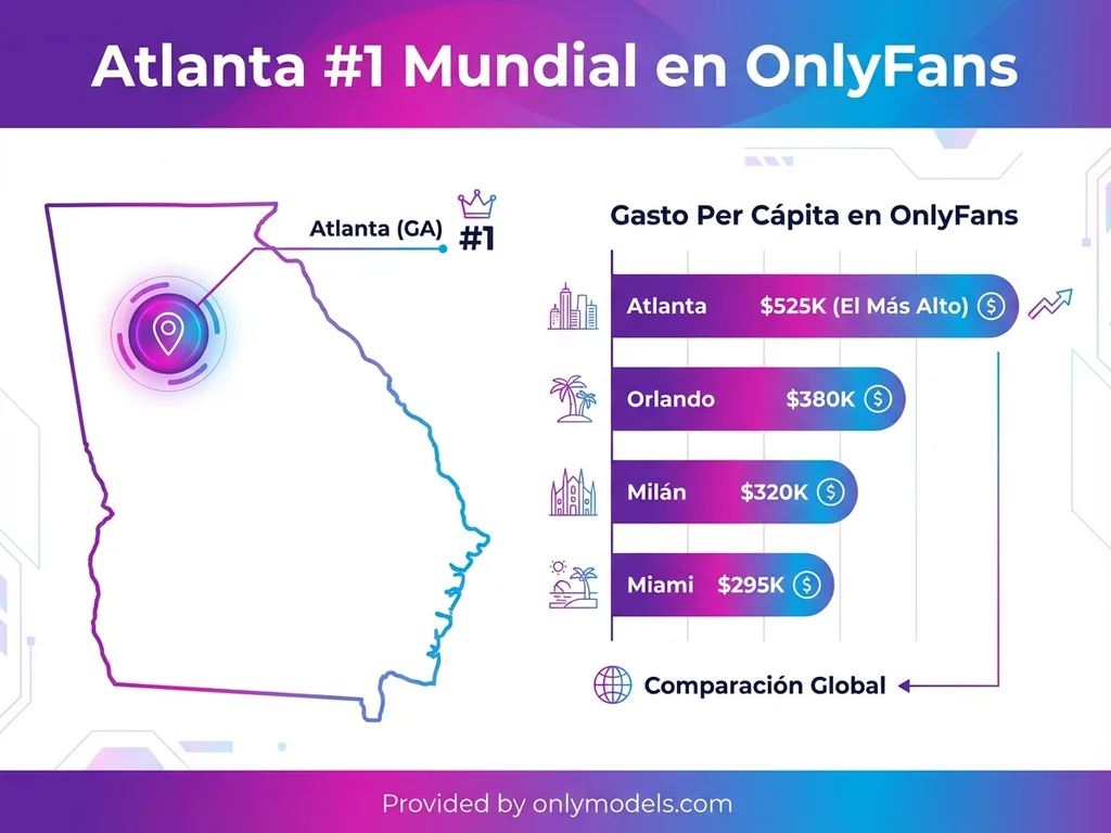 Infografía del ranking mundial de gasto en OnlyFans con Atlanta en primer lugar