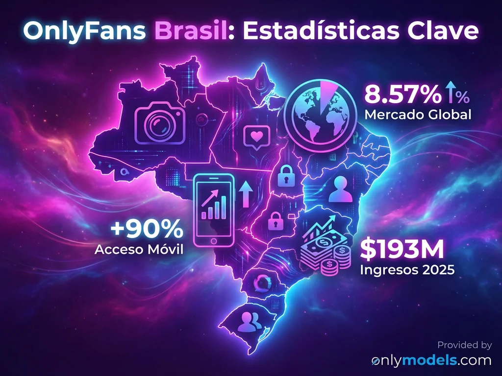 Infografía de estadísticas de OnlyFans Brasil mostrando participación de mercado y datos clave