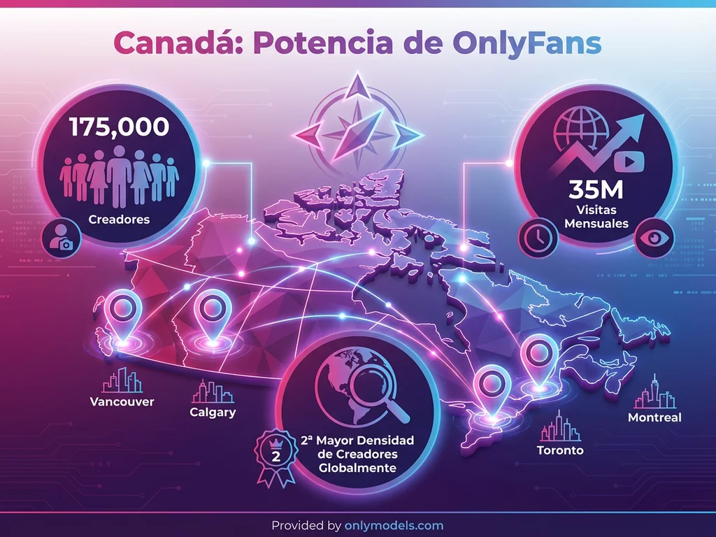 Infografía de estadísticas de creadoras OnlyFans en Canadá mostrando mapa y datos clave