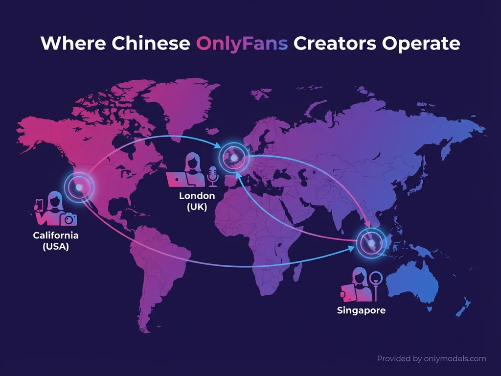 Map showing main locations where Chinese OnlyFans creators are based globally