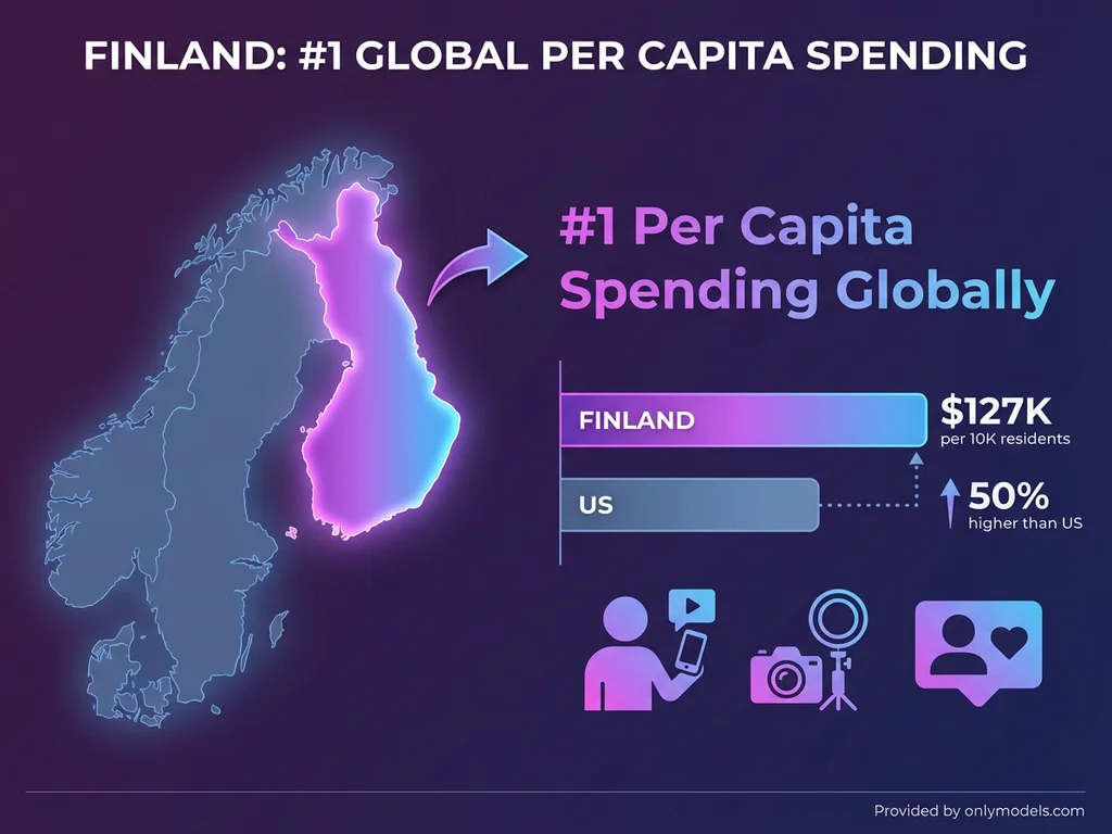 Infographic showing Finland's top ranking in global OnlyFans spending per capita