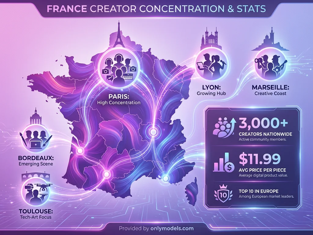 Map of France showing OnlyFans creator distribution by city