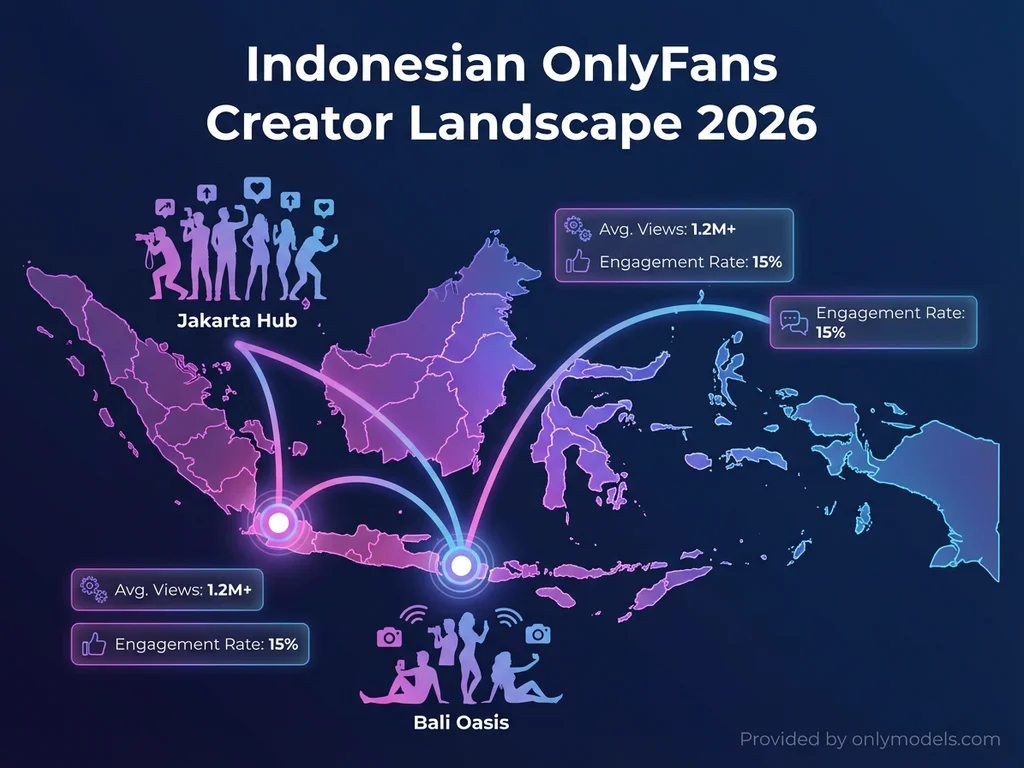 Infographic map showing Indonesian OnlyFans creator distribution
