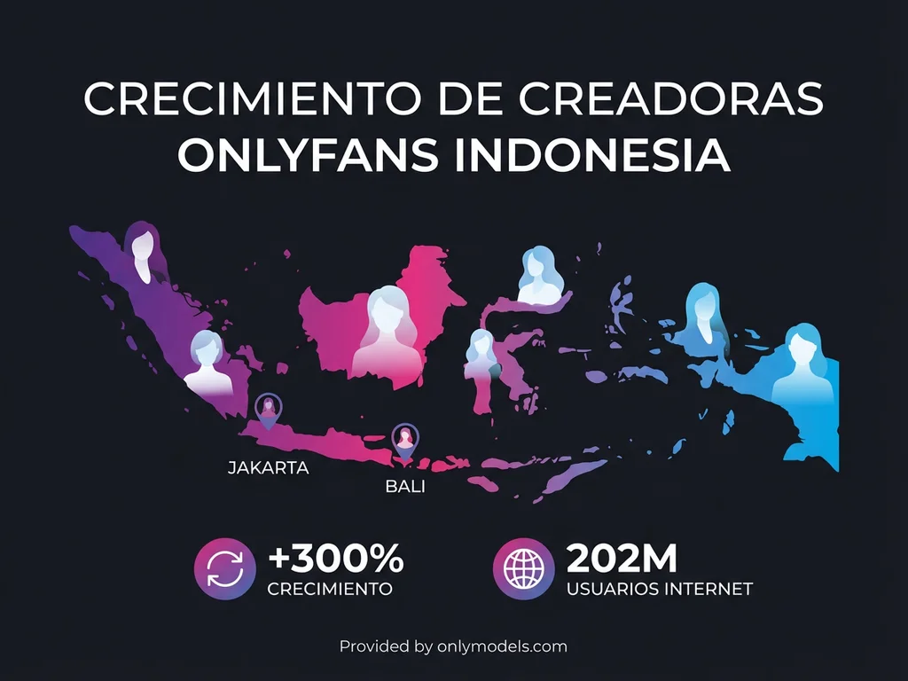 Infografía sobre creadoras indonesias de OnlyFans con mapa y estadísticas
