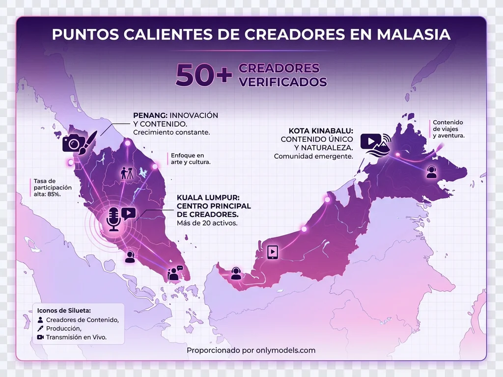 Mapa de Malasia mostrando las principales ciudades con creadoras de OnlyFans