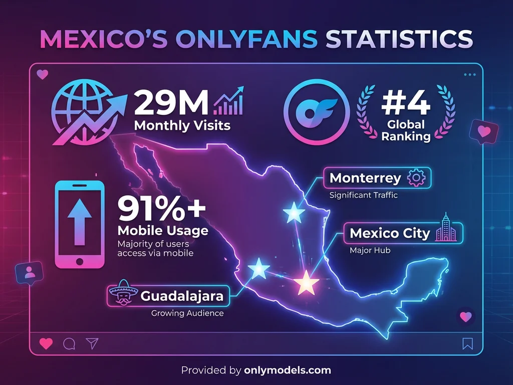 Mexico OnlyFans market statistics infographic showing 29 million monthly visits and top city locations