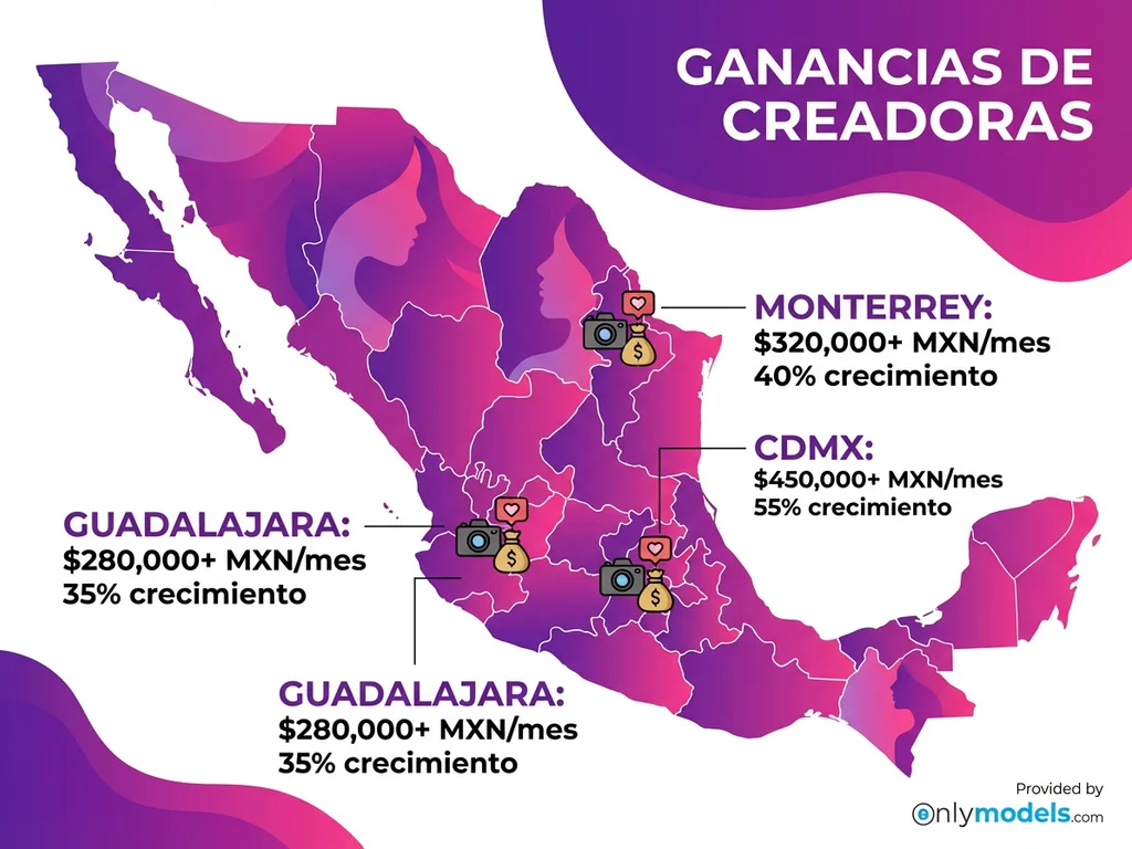 Infografía sobre creadoras OnlyFans mexicanas por región