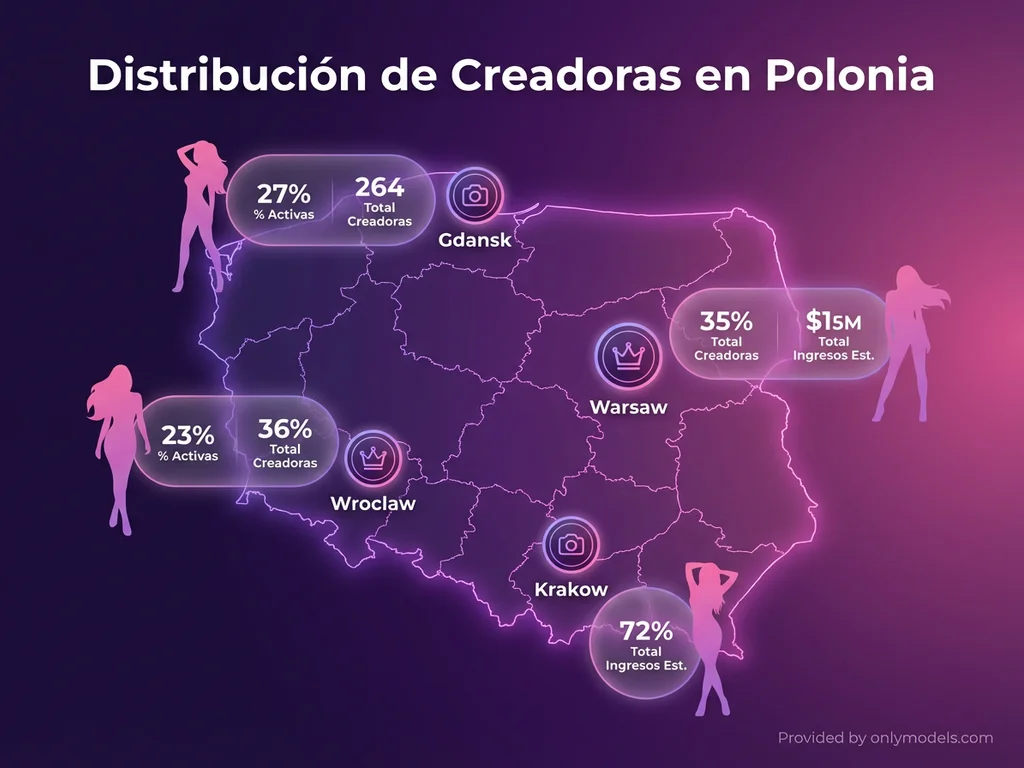Mapa de Polonia mostrando distribución de creadoras de OnlyFans por ciudad