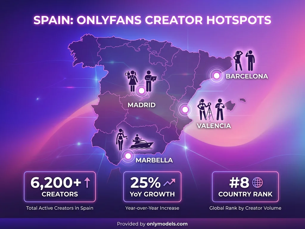 Infographic map showing Spanish OnlyFans creator hotspots across Spain