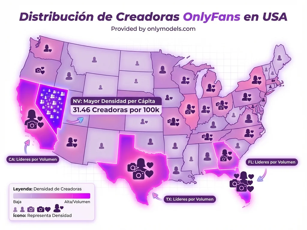 Mapa de distribución de creadoras OnlyFans en Estados Unidos por estado