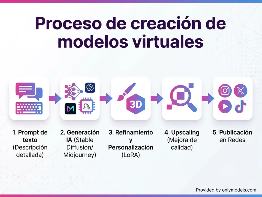 Infografía del proceso de creación de modelos virtuales con inteligencia artificial