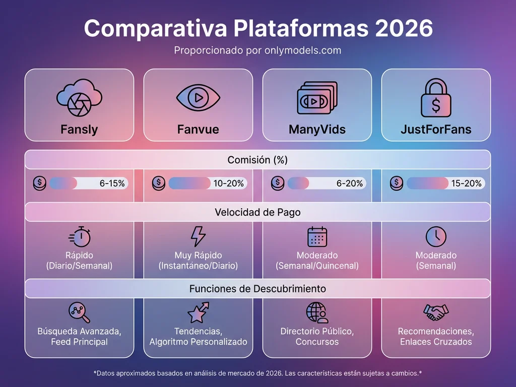 Infografía comparativa de alternativas a OnlyFans mostrando comisiones y velocidad de pagos