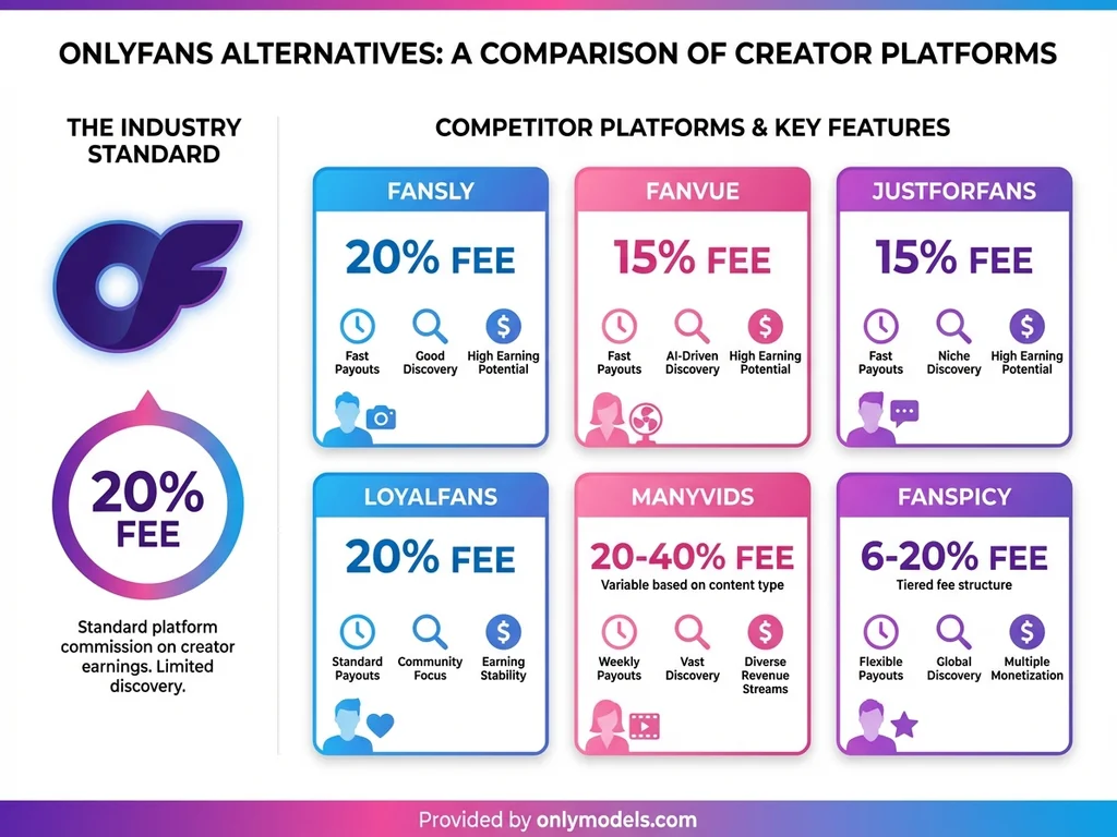 Comparison chart of OnlyFans competitor platform fees and features