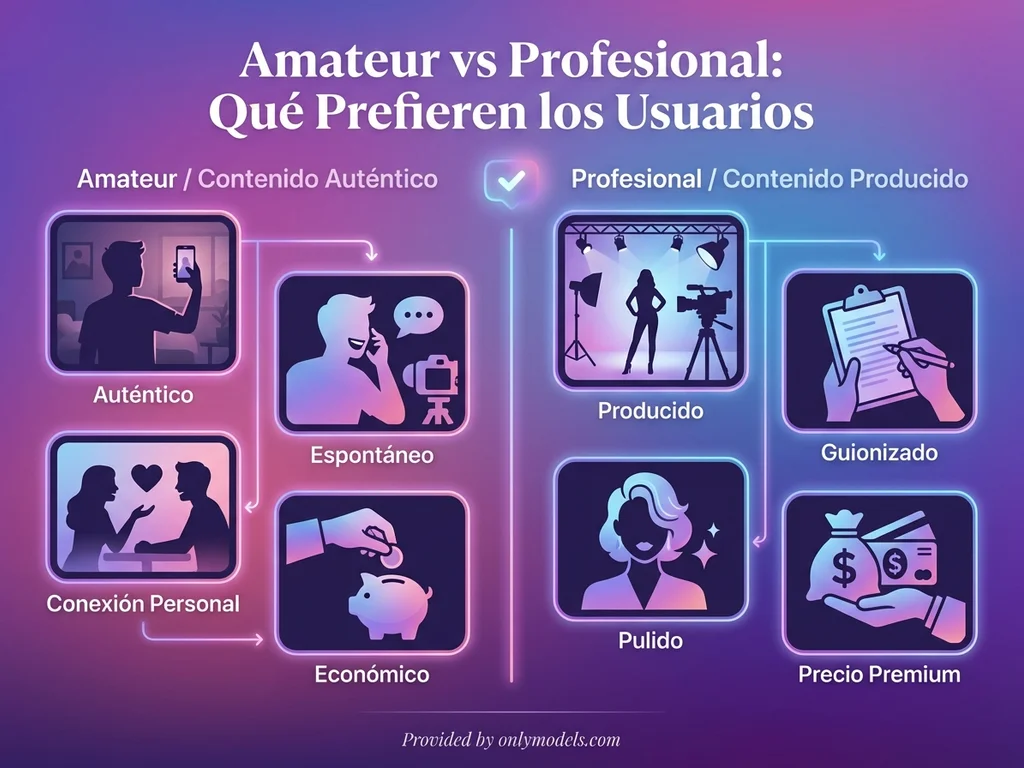 Infografía comparativa entre contenido amateur y profesional en OnlyFans