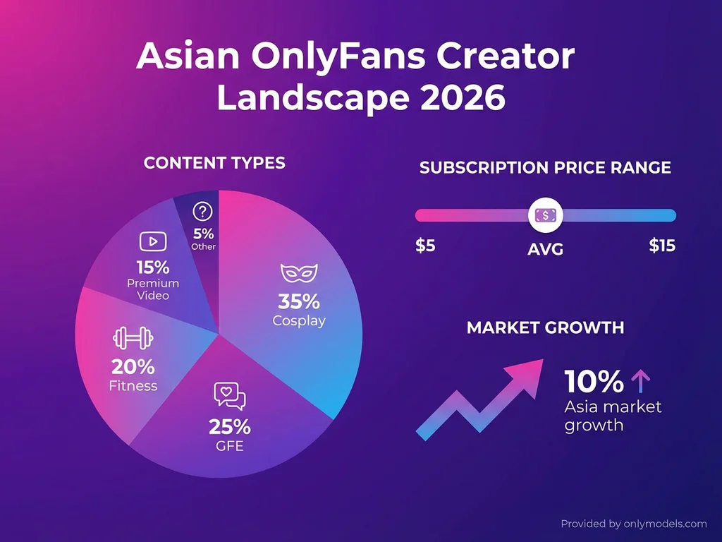 Infographic showing Asian OnlyFans content distribution and pricing data