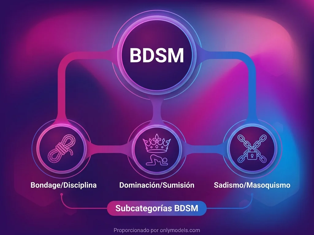 Infografía de subcategorías BDSM mostrando las tres ramas principales
