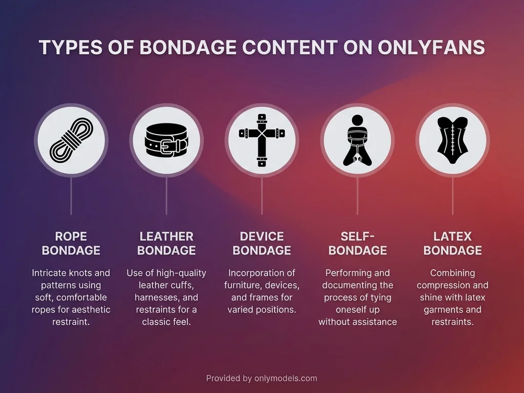 Infographic showing five main types of bondage content styles available on OnlyFans