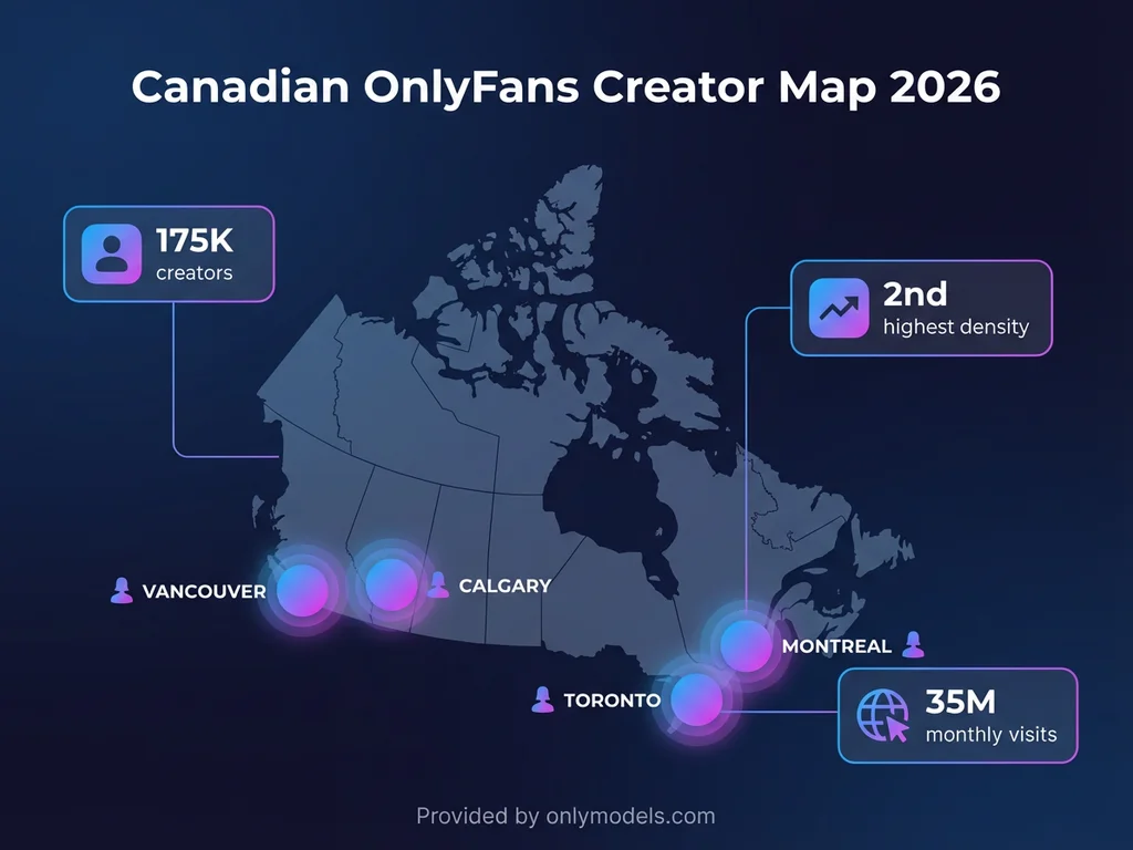 Map showing Canadian OnlyFans creator distribution across major cities