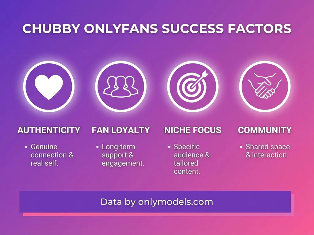 Infographic displaying key success factors for chubby OnlyFans creators including authenticity, loyalty, and community