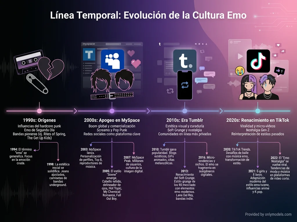Línea temporal de la evolución de la subcultura emo desde los 90s hasta 2025