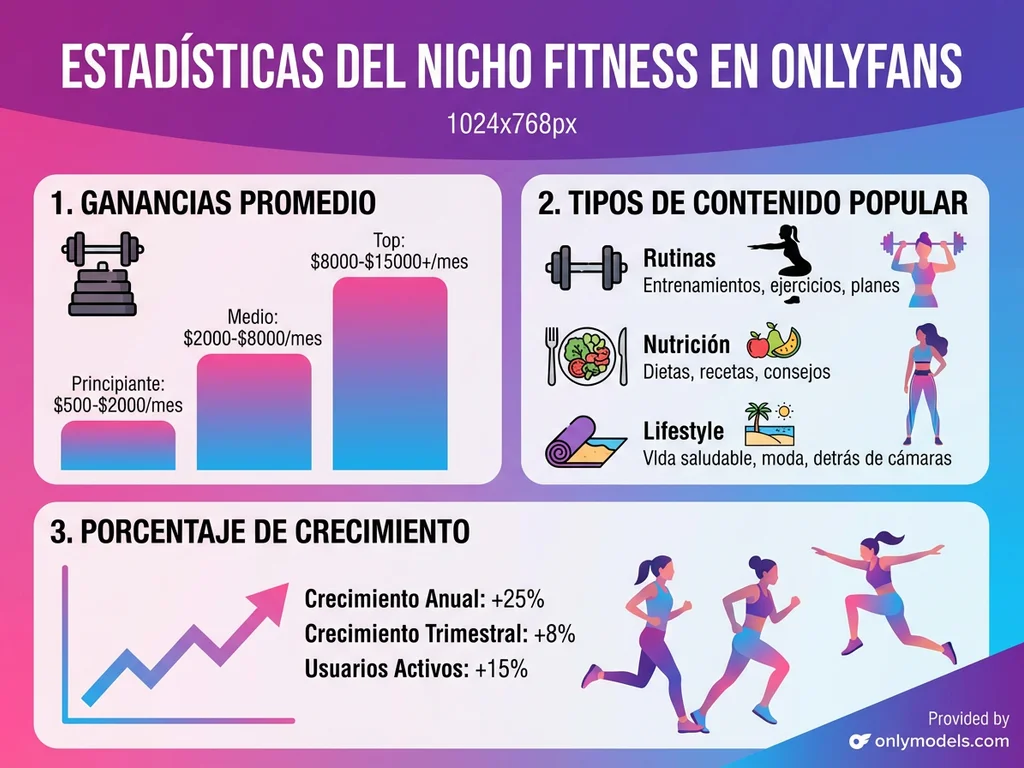 Infografía sobre modelos fitness en OnlyFans con estadísticas de ganancias y tipos de contenido