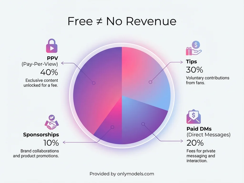 Infographic showing how free OnlyFans creators monetize through tips, PPV, and DMs