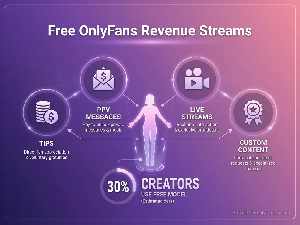 Infographic showing how free OnlyFans creators earn money through tips, PPV, live streams, and custom content