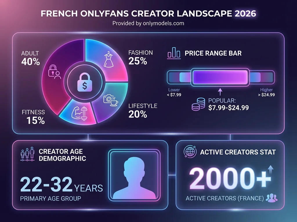 Infographic showing French OnlyFans creator statistics including niche distribution and pricing