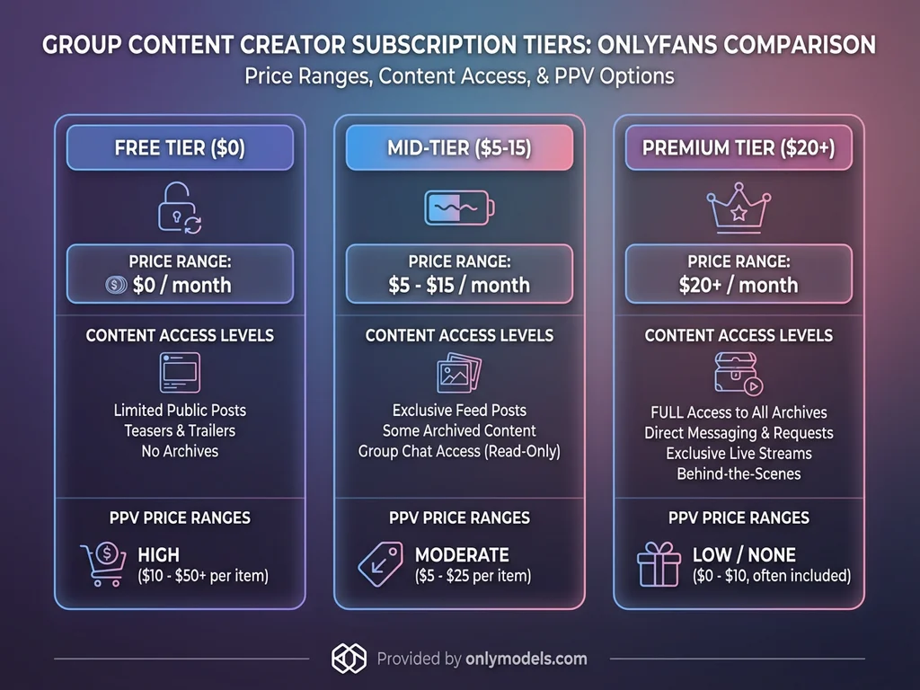 Chart comparing OnlyFans gangbang creator subscription prices and content tiers