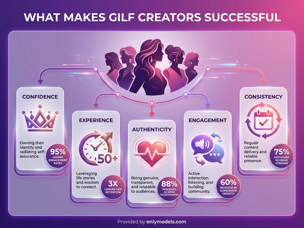 Infographic showing key success factors for GILF OnlyFans creators