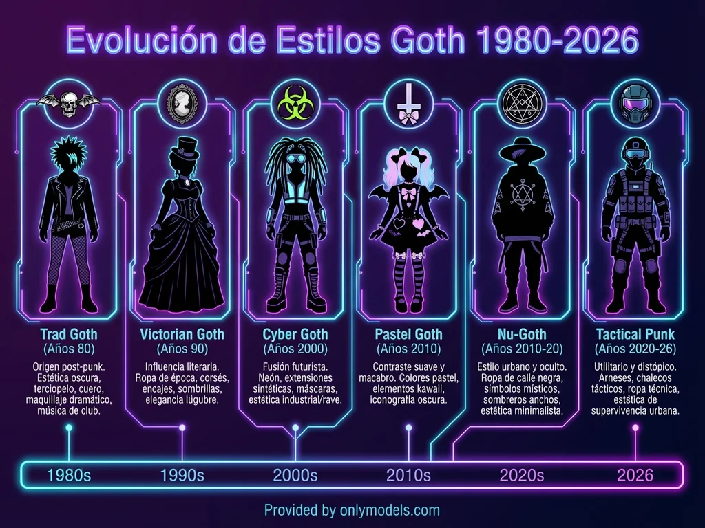 Infografía mostrando la evolución de subestilos goth desde 1980 hasta 2026