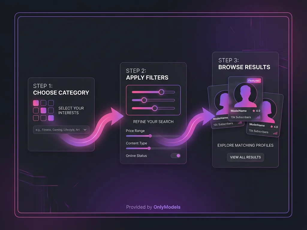 Three-step OnlyFans finder process diagram showing category selection, filters, and results