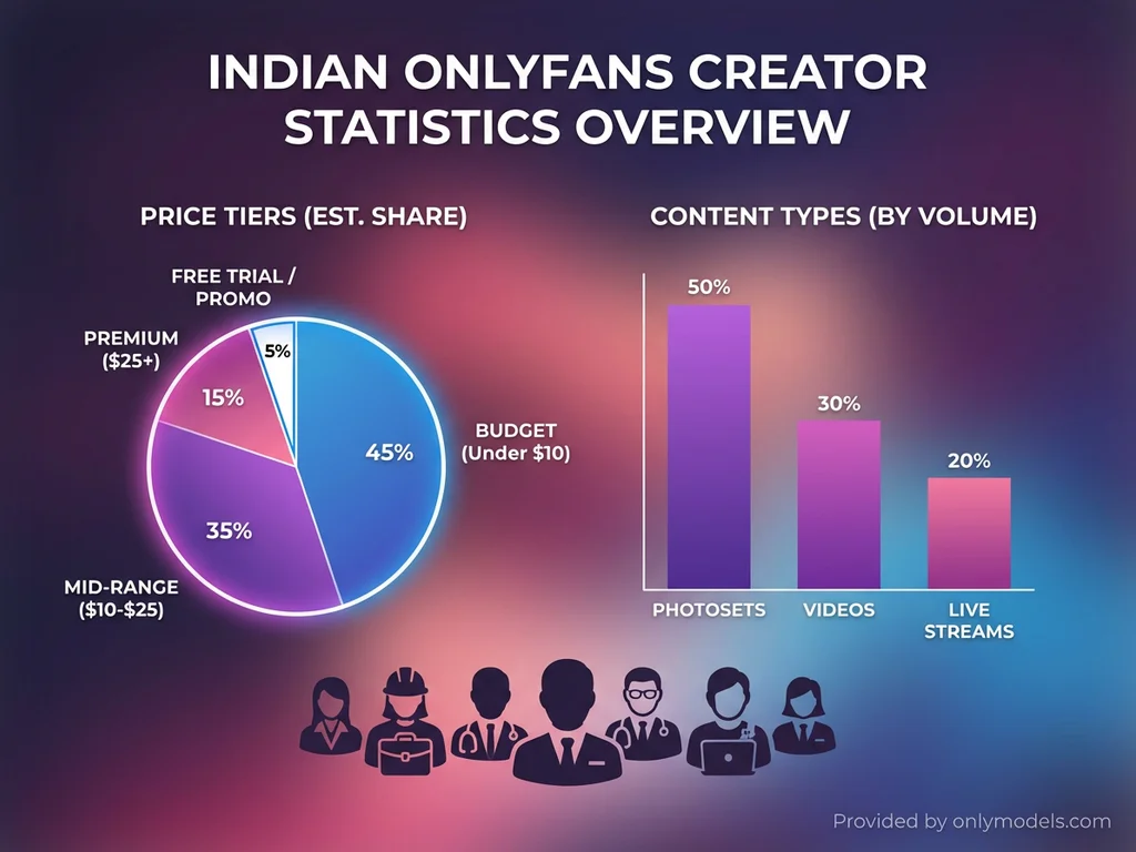 Infographic displaying Indian OnlyFans pricing tiers and content statistics
