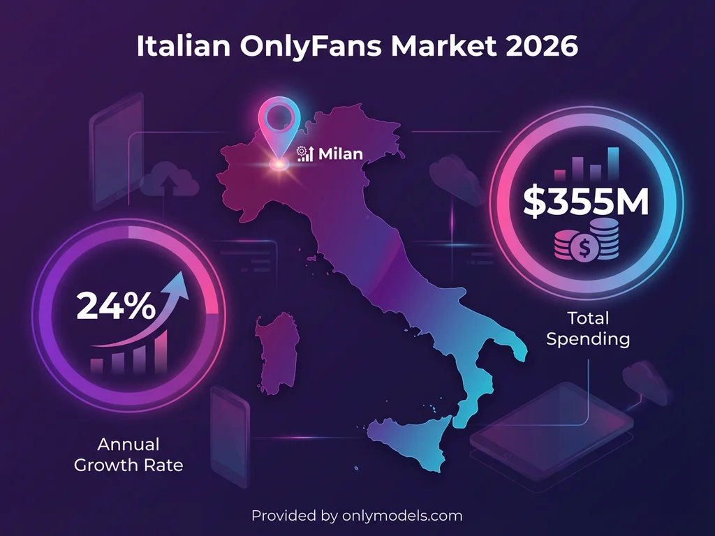Infographic showing Italian OnlyFans market statistics with growth rates and spending data