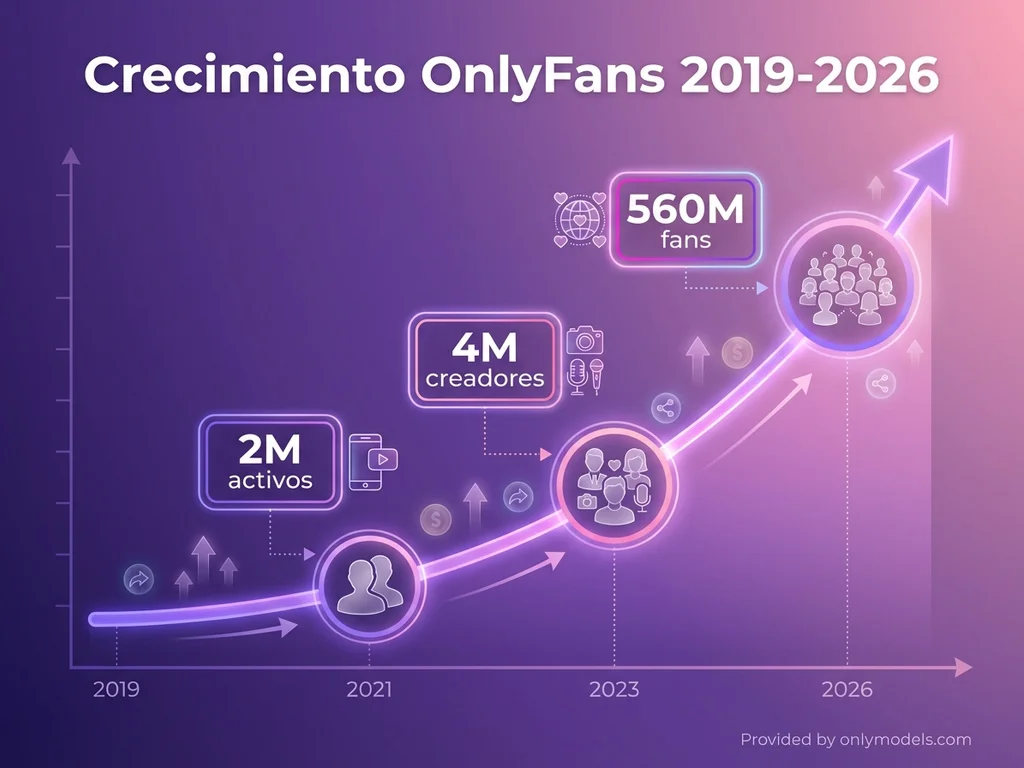 Infografía del crecimiento de OnlyFans desde 2019 hasta 2026 mostrando millones de fans y creadoras