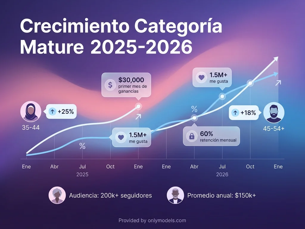 Infografía mostrando tendencias de crecimiento de creadoras maduras en OnlyFans