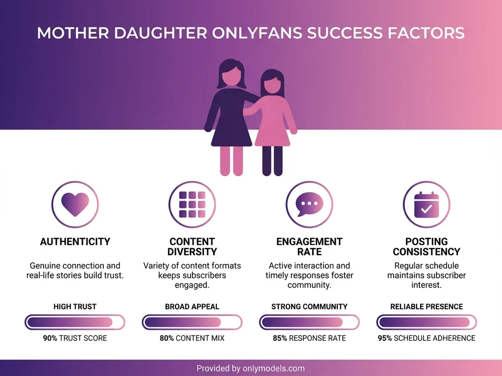 Infographic showing key success factors for mother daughter OnlyFans accounts