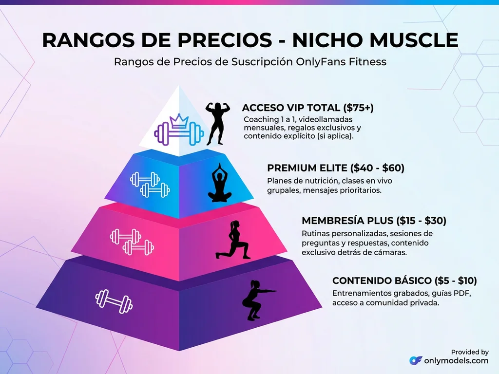 Infografía de rangos de precios para modelos fitness en OnlyFans