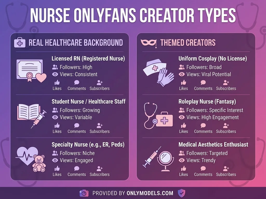 Comparison infographic showing real nurses vs themed nurse creators on OnlyFans