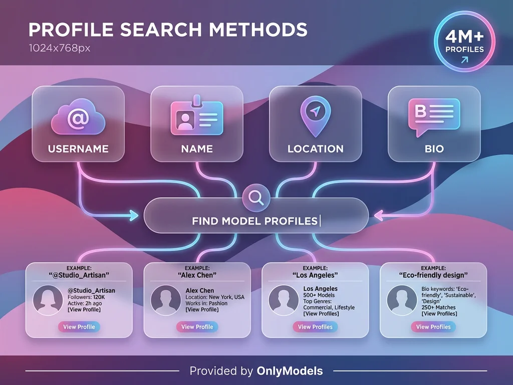 OnlyFans search methods infographic showing username, name, location and bio search options