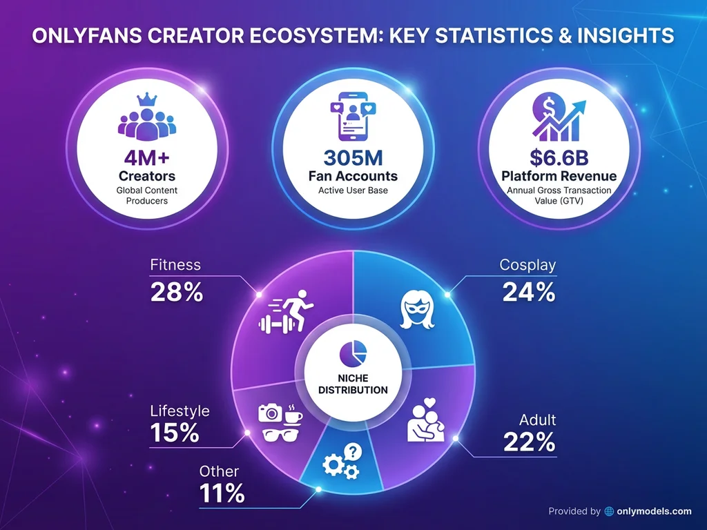 Infographic showing OnlyFans platform statistics and creator niche distribution for 2026